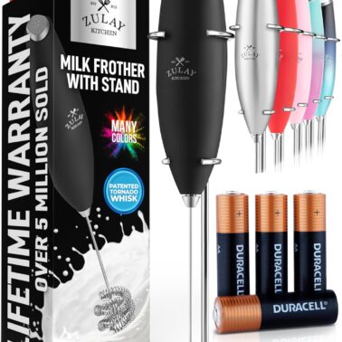 Zulay Kitchen Powerful Milk Frother Wand With Duracell Batteries - Ultra Fast Handheld Drink Mixer - Electric Whisk Foam Maker for Coffee, Lattes, Cappuccino & Matcha - Triple Whisk - Black
